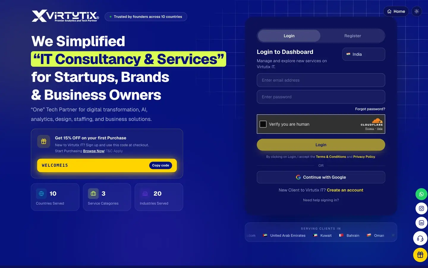 The Virtutix client portal on a laptop: login, first-order offer and the countries served