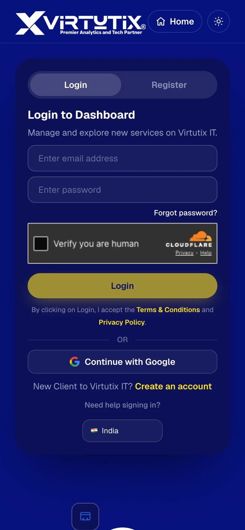 Virtutix app on a phone — Login